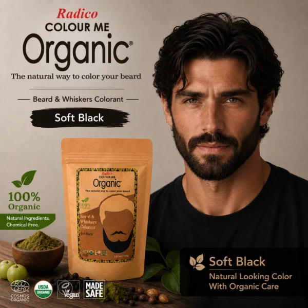 Radico Hoofd Men Soft Black Beard USA Radico COLOUR ME ORGANIC - 100% ORGANIC BAKKEBAARDEN -en BAARDVERF Soft Black / Zwart ANTI-ALLERGISCH Hypoallergeen met ECOCERT, HALAL, VEGAN – 100g