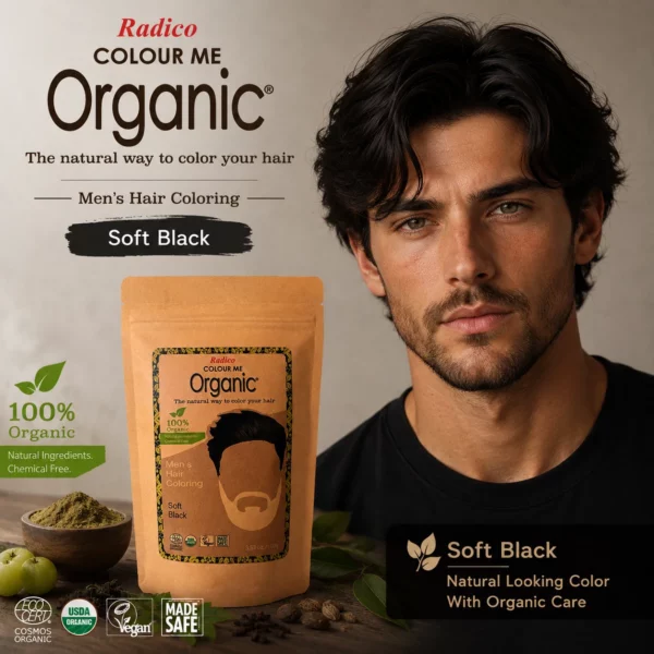 Radico Hoofd Men Soft Black USA Radico COLOUR ME ORGANIC Soft Black / Zwart – 100% Natuurlijke Plantaardige Haarverf voor Mannen met ECOCERT, VEGAN, HALAL 100g